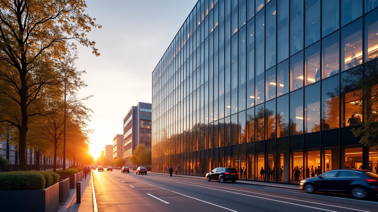 Modernes Bürogebäude in Croydon, London, mit moderner Glasarchitektur und städtischer Umgebung bei Sonnenuntergang.